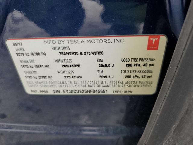 5YJXCDE25HF045651 - 2017 TESLA MODEL X BLUE photo 13