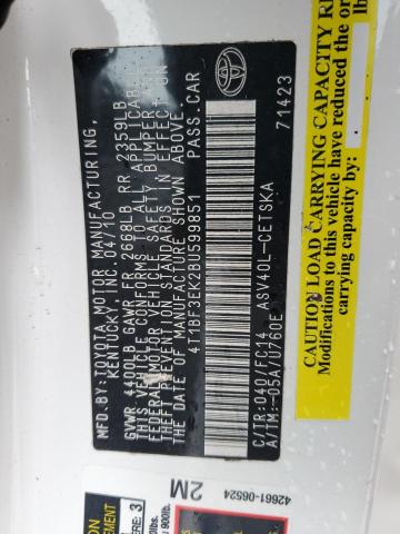 4T1BF3EK2BU599851 - 2011 TOYOTA CAMRY BASE Ақ фото 13