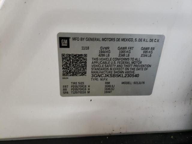 3GNCJKSB5KL230540 - 2019 CHEVROLET TRAX LS WHITE photo 12