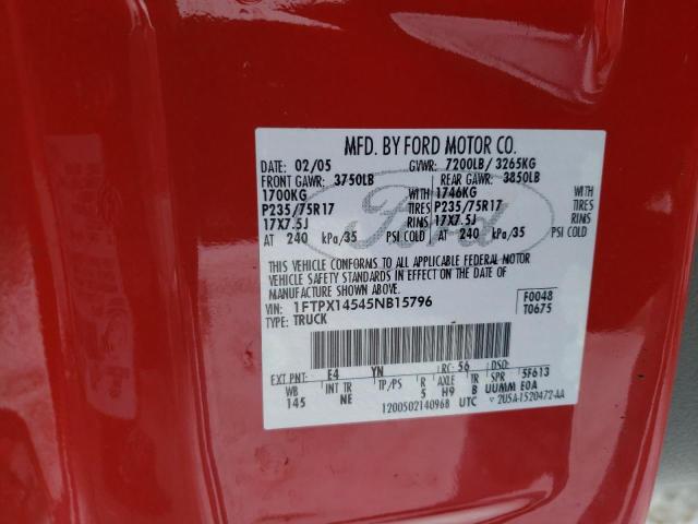 1FTPX14545NB15796 - 2005 FORD F150 RED photo 12