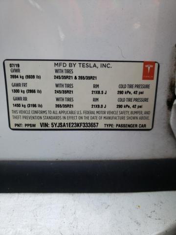 5YJSA1E23KF333657 - 2019 TESLA MODEL S Սպիտակ լուսանկար 12