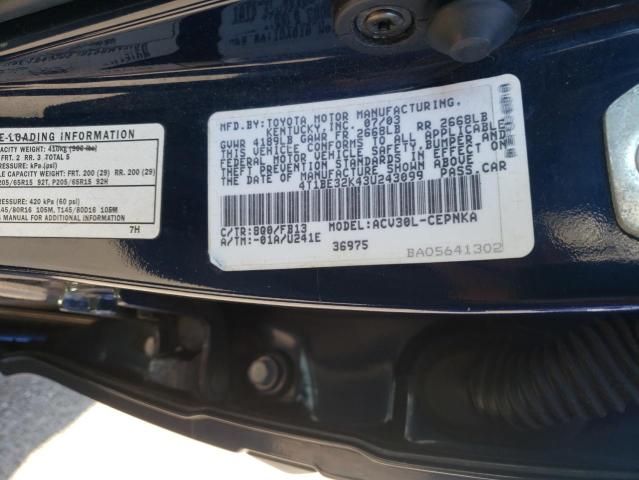 4T1BE32K43U243099 - 2003 TOYOTA CAMRY LE BLUE photo 10