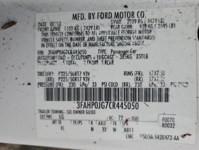 3FAHP0JG7CR445050 - 2012 FORD FUSION SEL WHITE photo 13