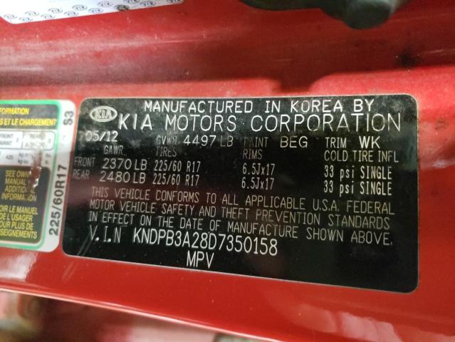 KNDPB3A28D7350158 - 2013 KIA SPORTAGE BASE RED photo 12