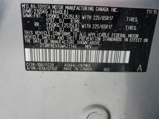 2T3RFREVXGW421146 - 2016 TOYOTA RAV4 XLE GRAY photo 12