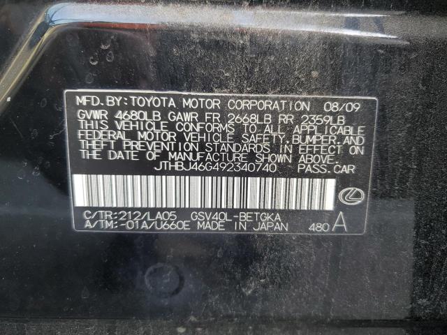 JTHBJ46G492340740 - 2009 LEXUS ES 350 BLACK photo 12