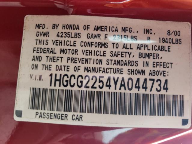 1HGCG2254YA044734 - 2000 HONDA ACCORD EX RED photo 13