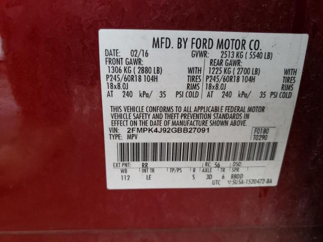 2FMPK4J92GBB27091 - 2016 FORD EDGE SEL RED photo 12