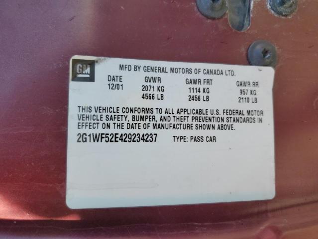 2G1WF52E429234237 - 2002 CHEVROLET IMPALA MAROON photo 12