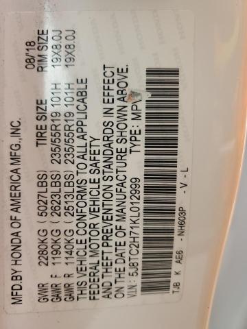 5J8TC2H71KL012999 - 2019 ACURA RDX ADVANCE WHITE photo 12