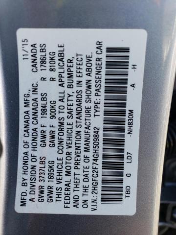 2HGFC2F74GH509842 - 2016 HONDA CIVIC EX SILVER photo 12