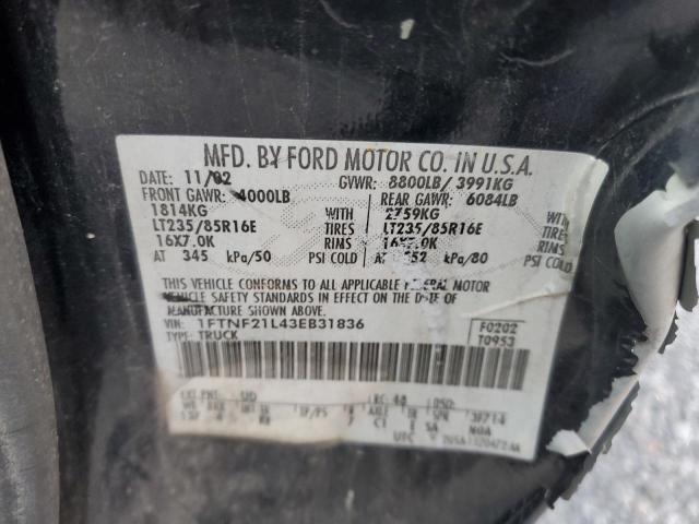 1FTNF21L43EB31836 - 2003 FORD F250 SUPER DUTY BLACK photo 12