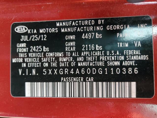 5XXGR4A60DG110386 - 2013 KIA OPTIMA SX RED photo 12