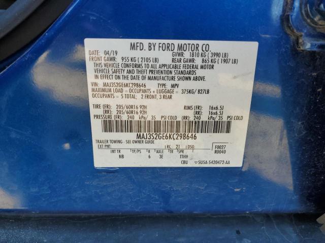 MAJ3S2GE6KC298646 - 2019 FORD ECOSPORT SE BLUE photo 12