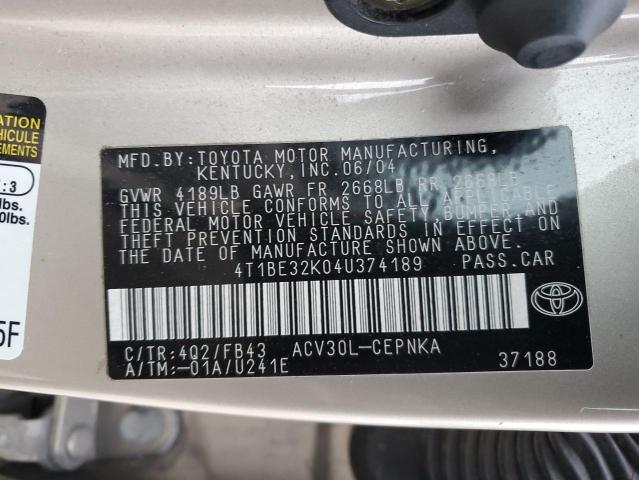 4T1BE32K04U374189 - 2004 TOYOTA CAMRY LE TAN photo 13