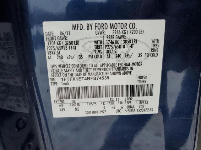 1FTFX1ET4BFB74538 - 2011 FORD F-150 SUPER CAB BLUE photo 12