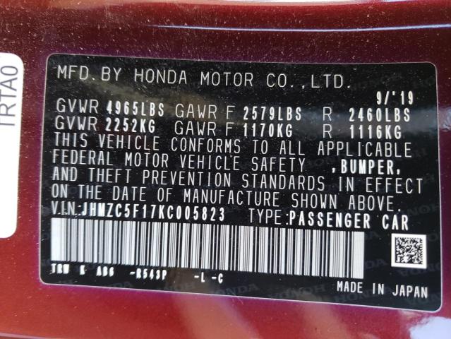 JHMZC5F17KC005823 - 2019 HONDA CLARITY BURGUNDY photo 12