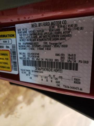 3FA6P0K98DR140021 - 2013 FORD FUSION TITANIUM RED photo 13