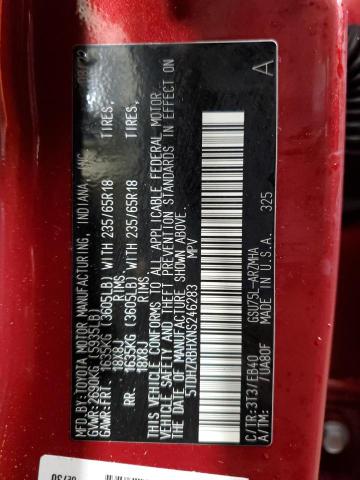 5TDHZRBHXNS246283 - 2022 TOYOTA HIGHLANDER XLE RED photo 14