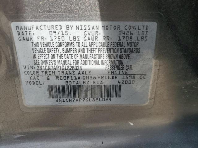 3N1CN7AP7GL826024 - 2016 NISSAN VERSA S GRAY photo 12