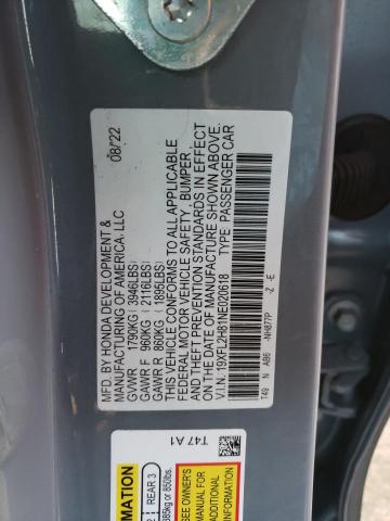 19XFL2H81NE020618 - 2022 HONDA CIVIC SPORT GRAY photo 12