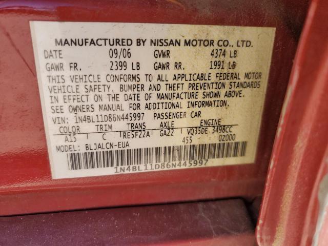 1N4BL11D86N445997 - 2006 NISSAN ALTIMA SE MAROON photo 12