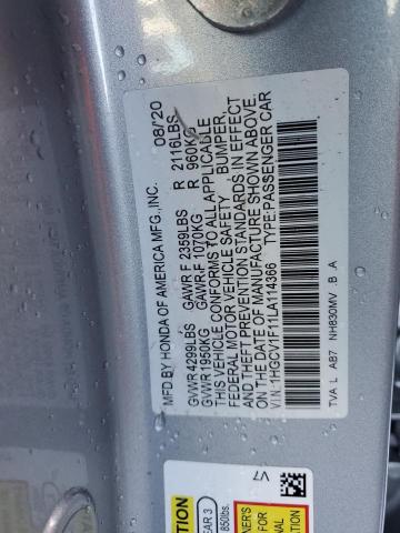 1HGCV1F11LA114366 - 2020 HONDA ACCORD LX SILVER photo 12