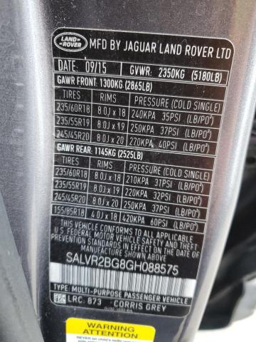 SALVR2BG8GH088575 - 2016 LAND ROVER RANGE ROVE HSE GRAY photo 12