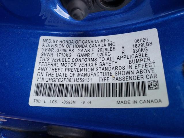 2HGFC2F88LH559131 - 2020 HONDA CIVIC SPORT BLUE photo 10