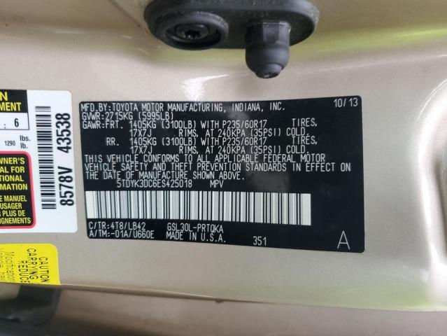 5TDYK3DC6ES425018 - 2014 TOYOTA SIENNA XLE BEIGE photo 13