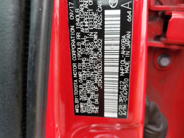 JTDKDTB30J1604052 - 2018 TOYOTA PRIUS C RED photo 12