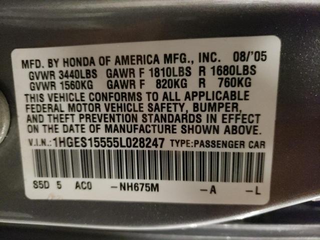 1HGES15555L028247 - 2005 HONDA CIVIC LX SILVER photo 12