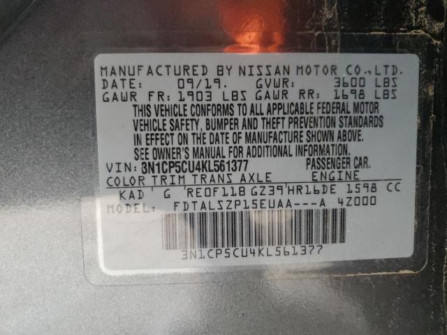 3N1CP5CU4KL561377 - 2019 NISSAN KICKS S GRAY photo 13