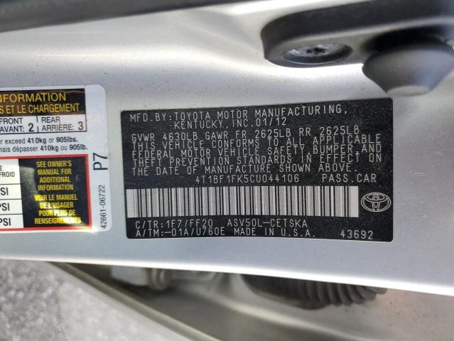 4T1BF1FK5CU044106 - 2012 TOYOTA CAMRY BASE SILVER photo 12