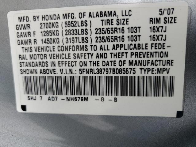 5FNRL38797B085675 - 2007 HONDA ODYSSEY EXL SILVER photo 13