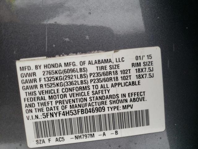 5FNYF4H53FB046909 - 2015 HONDA PILOT EXL GRAY photo 12