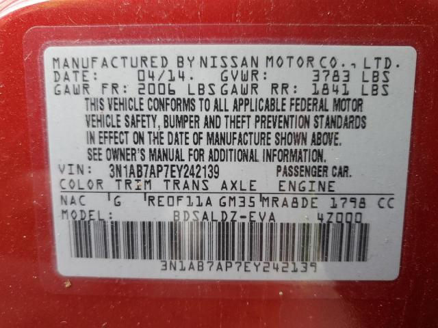 3N1AB7AP7EY242139 - 2014 NISSAN SENTRA S RED photo 13