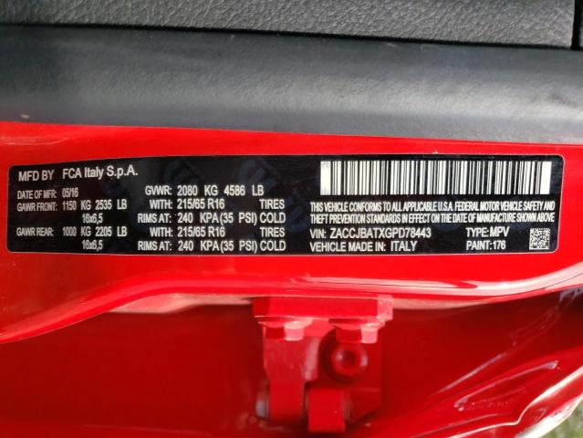 ZACCJBATXGPD78443 - 2016 JEEP RENEGADE SPORT RED photo 13