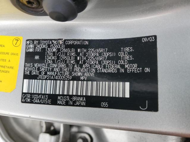 JTEDP21A740005259 - 2004 TOYOTA HIGHLANDER BASE SILVER photo 12