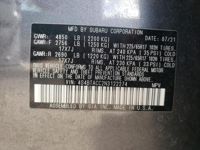 4S4BTACC2N3122274 - 2022 SUBARU OUTBACK PREMIUM GRAY photo 13