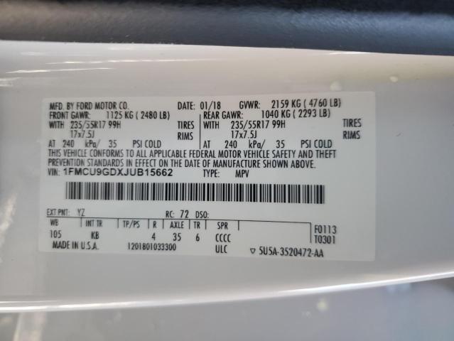 1FMCU9GDXJUB15662 - 2018 FORD ESCAPE SE WHITE photo 13