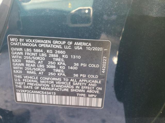 1V2KP2CAXMC543413 - 2021 VOLKSWAGEN ATLAS SE BLUE photo 12