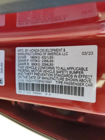 1HGCY1F33PA019547 - 2023 HONDA ACCORD EX RED photo 12