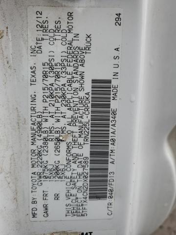 5TFTX4CN2DX027589 - 2013 TOYOTA TACOMA ACCESS CAB WHITE photo 13