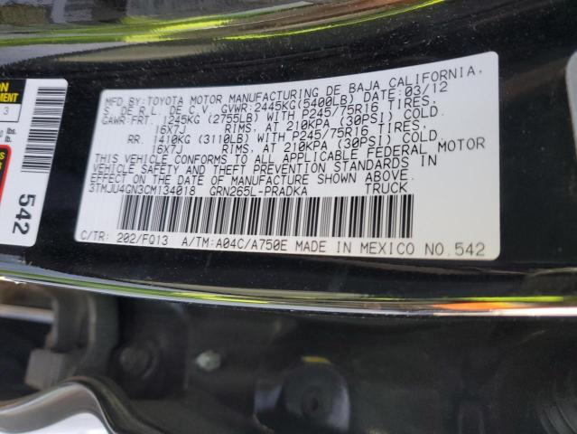 3TMJU4GN3CM134018 - 2012 TOYOTA TACOMA DOUBLE CAB PRERUNNER BLACK photo 12