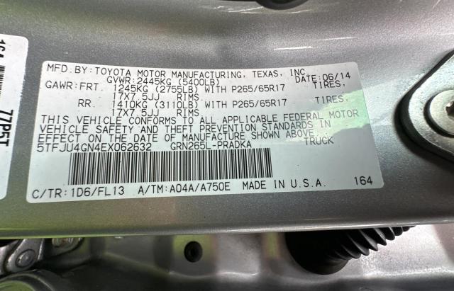 5TFJU4GN4EX062632 - 2014 TOYOTA TACOMA DOUBLE CAB PRERUNNER SILVER photo 10