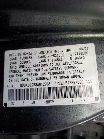 19UUA66238A012936 - 2008 ACURA TL SILVER photo 12