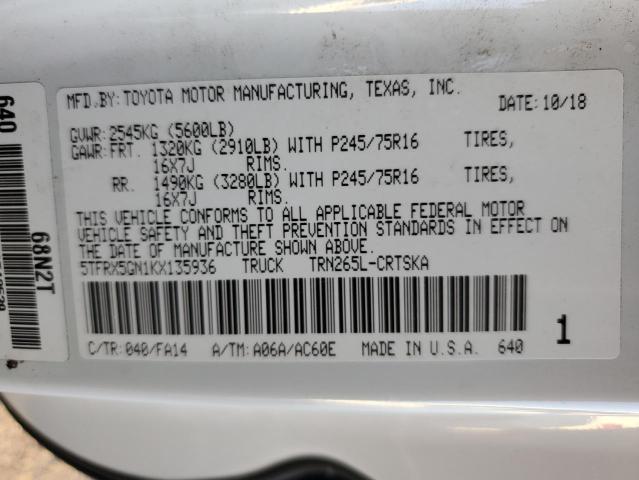 5TFRX5GN1KX135936 - 2019 TOYOTA TACOMA ACCESS CAB თეთრი ფოტო 12