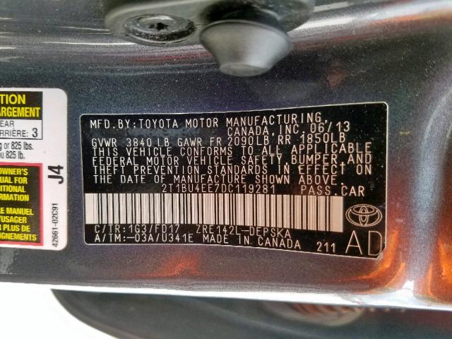 2T1BU4EE7DC119281 - 2013 TOYOTA COROLLA BASE  photo 10