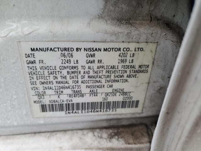 1N4AL11D46N416735 - 2006 NISSAN ALTIMA S WHITE photo 12